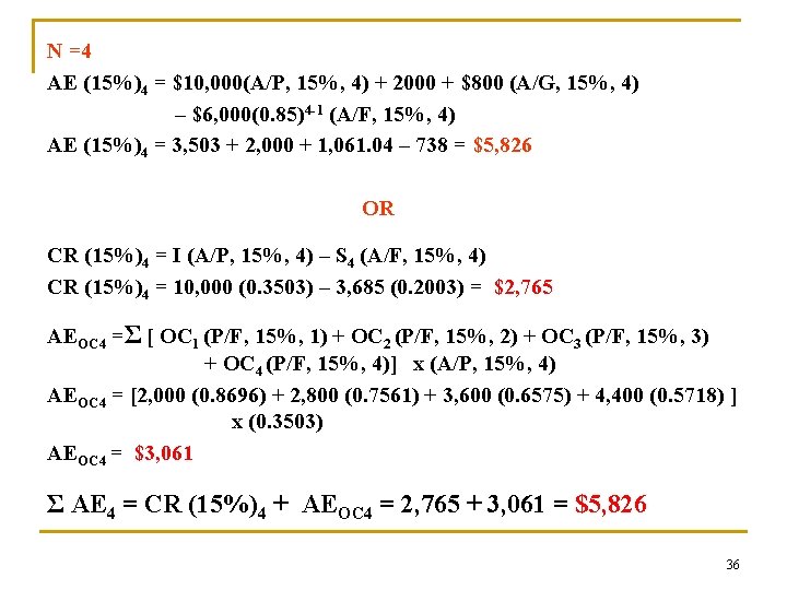 N =4 AE (15%)4 = $10, 000(A/P, 15%, 4) + 2000 + $800 (A/G,