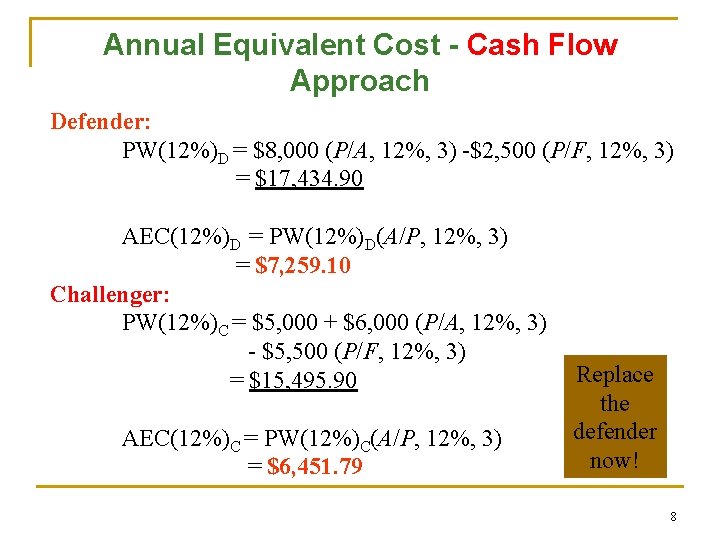 Annual Equivalent Cost - Cash Flow Approach Defender: PW(12%)D = $8, 000 (P/A, 12%,