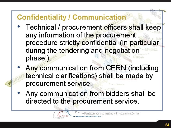 Confidentiality / Communication • Technical / procurement officers shall keep any information of the