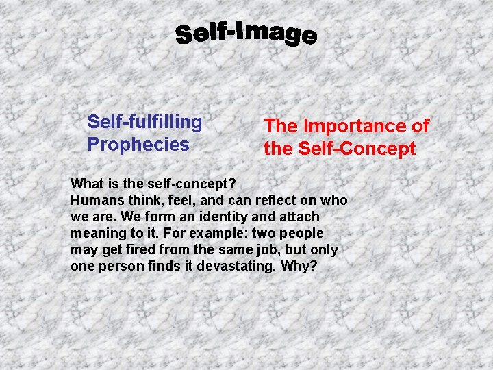 Self-fulfilling Prophecies The Importance of the Self-Concept What is the self-concept? Humans think, feel,