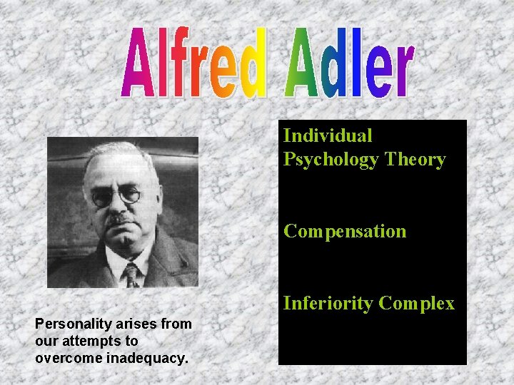 Individual Psychology Theory Compensation Inferiority Complex Personality arises from our attempts to overcome inadequacy.