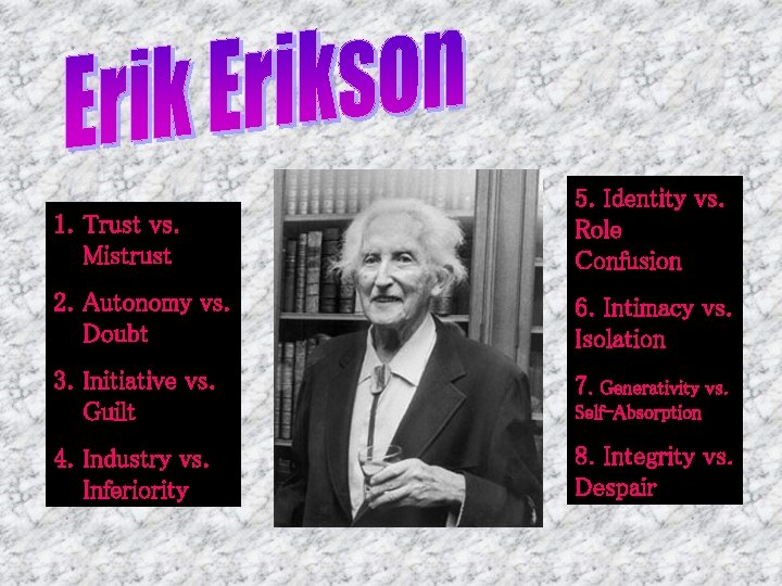 1. Trust vs. Mistrust 5. Identity vs. Role Confusion 2. Autonomy vs. Doubt 6.