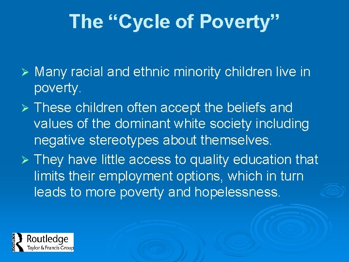 The “Cycle of Poverty” Many racial and ethnic minority children live in poverty. Ø