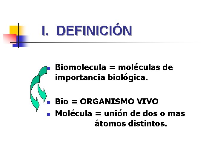 I. DEFINICIÓN n Biomolecula = moléculas de importancia biológica. n n Bio = ORGANISMO