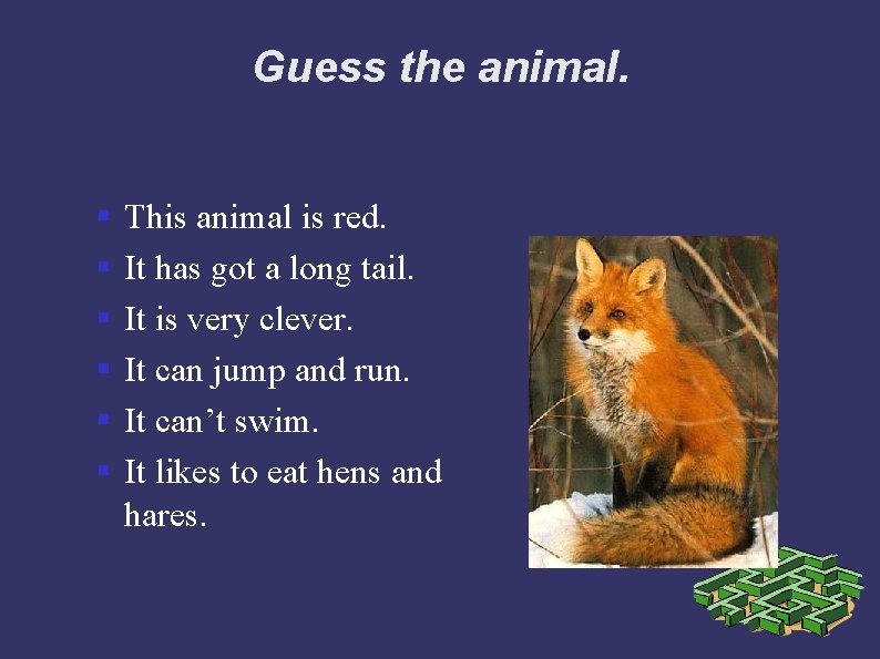 Guess the animal. § § § This animal is red. It has got a