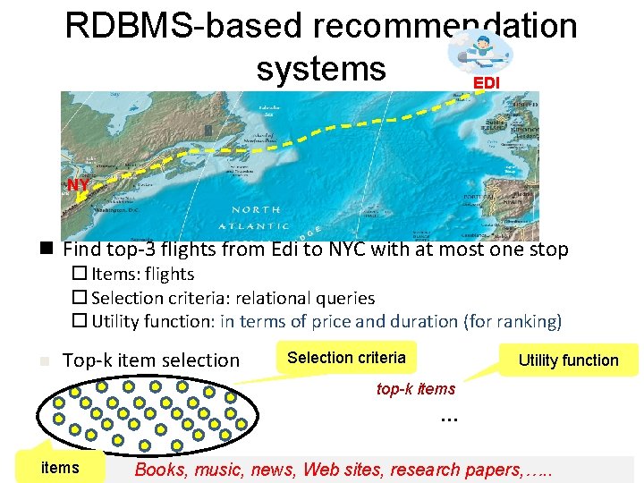 RDBMS-based recommendation systems EDI NY n Find top-3 flights from Edi to NYC with