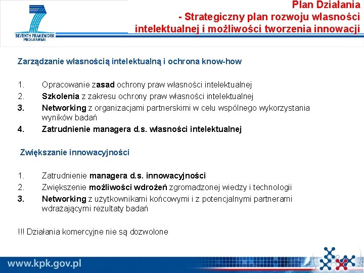 Plan Działania - Strategiczny plan rozwoju własności intelektualnej i możliwości tworzenia innowacji Zarządzanie własnością