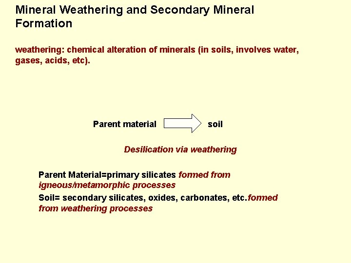 Mineral Weathering and Secondary Mineral Formation weathering: chemical alteration of minerals (in soils, involves