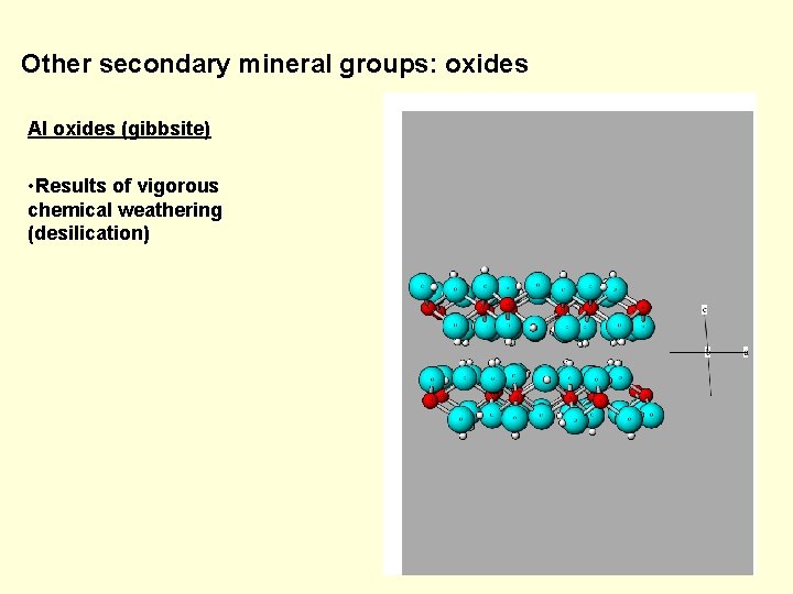 Other secondary mineral groups: oxides Al oxides (gibbsite) • Results of vigorous chemical weathering