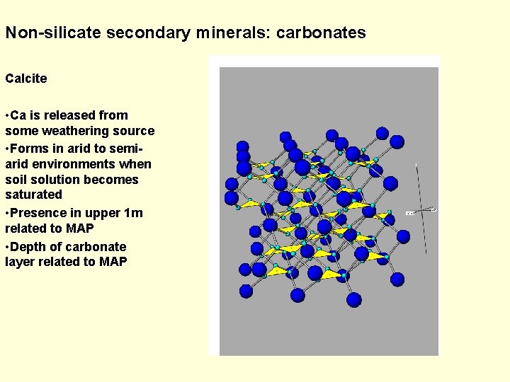 Non-silicate secondary minerals: carbonates Calcite • Ca is released from some weathering source •