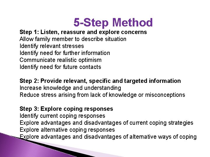 5 -Step Method Step 1: Listen, reassure and explore concerns Allow family member to 5 -Step Method Step 1: Listen, reassure and explore concerns Allow family member to