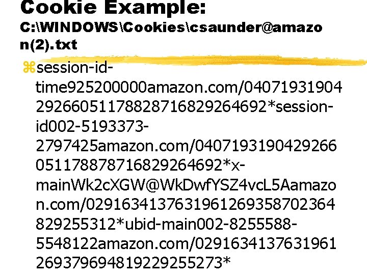 Cookie Example: C: WINDOWSCookiescsaunder@amazo n(2). txt zsession-idtime 925200000 amazon. com/04071931904 29266051178828716829264692*sessionid 002 -51933732797425 amazon.