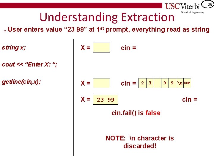 36 Understanding Extraction ● User enters value “ 23 99” at 1 st prompt,