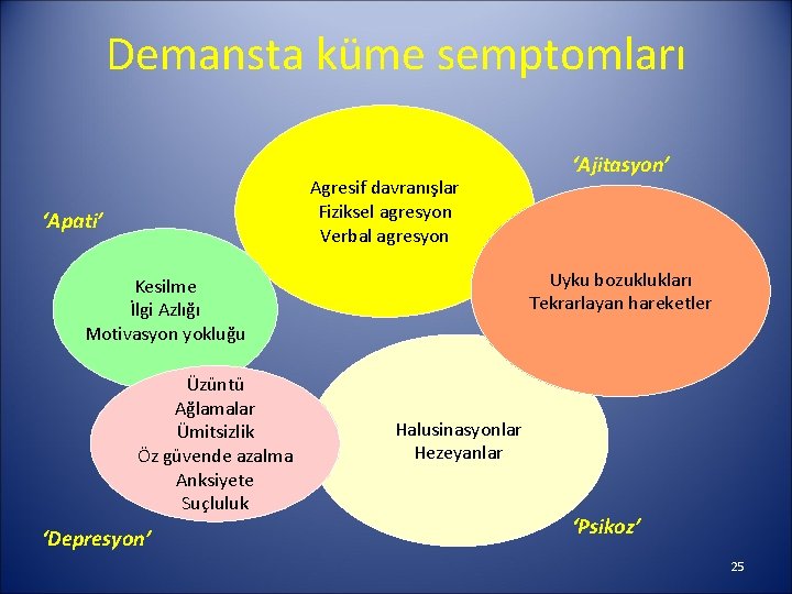 Demansta küme semptomları Agresif davranışlar Fiziksel agresyon Verbal agresyon ‘Apati’ Uyku bozuklukları Tekrarlayan hareketler