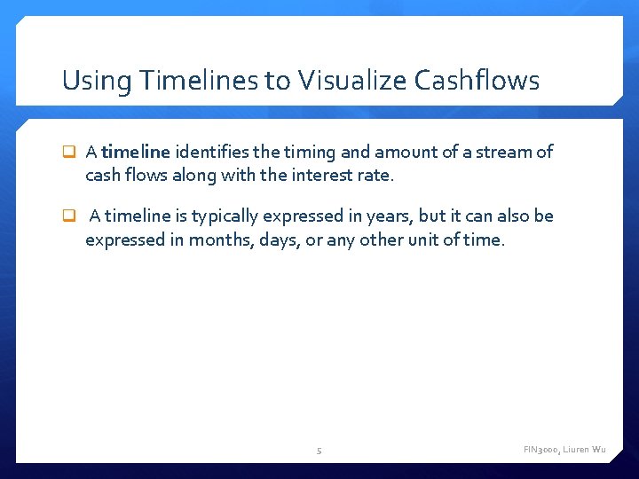Using Timelines to Visualize Cashflows q A timeline identifies the timing and amount of Using Timelines to Visualize Cashflows q A timeline identifies the timing and amount of