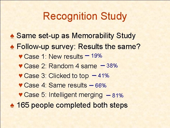 Recognition Study ♠ Same set-up as Memorability Study ♠ Follow-up survey: Results the same?