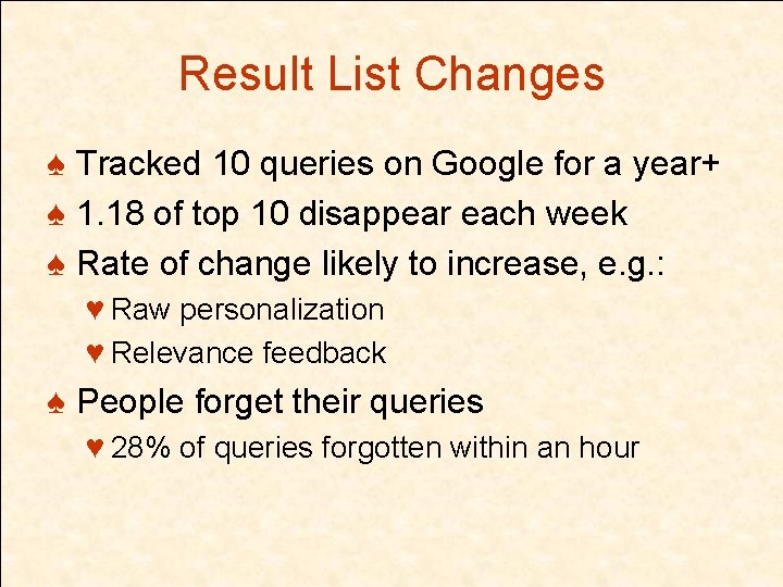 Result List Changes ♠ Tracked 10 queries on Google for a year+ ♠ 1.