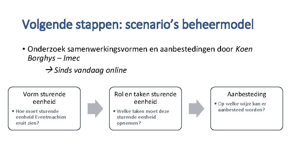 Volgende stappen: scenario’s beheermodel • Onderzoek samenwerkingsvormen en aanbestedingen door Koen Borghys – Imec