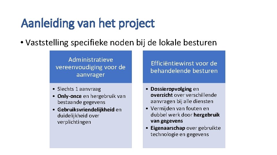 Aanleiding van het project • Vaststelling specifieke noden bij de lokale besturen Administratieve vereenvoudiging