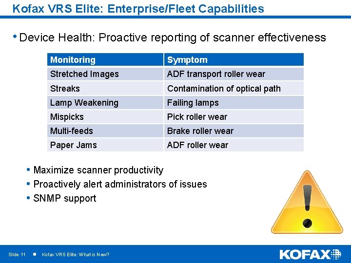 Kofax VRS Elite: Enterprise/Fleet Capabilities • Device Health: Proactive reporting of scanner effectiveness Monitoring