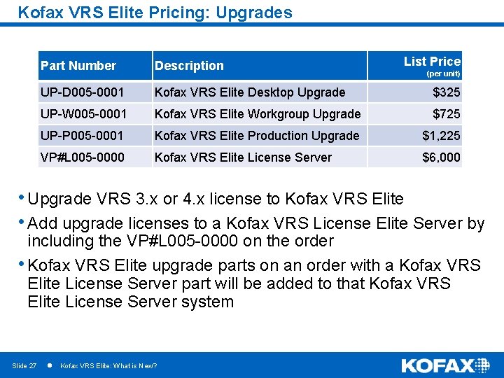 Kofax VRS Elite Pricing: Upgrades List Price Part Number Description UP-D 005 -0001 Kofax