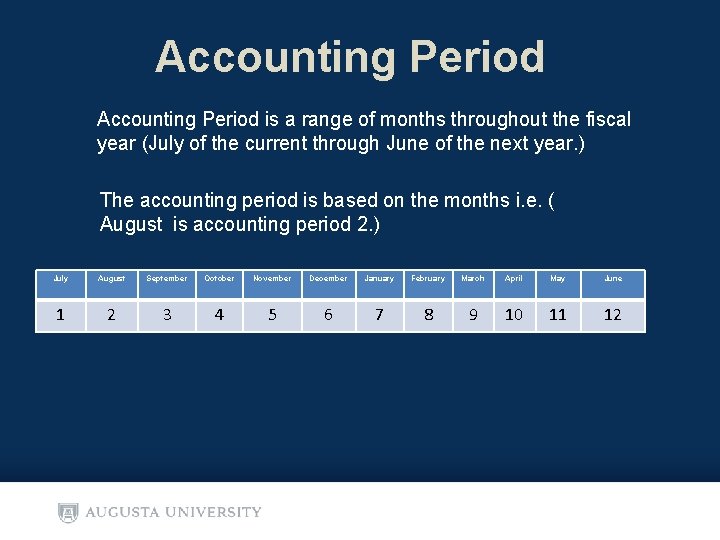 Accounting Period is a range of months throughout the fiscal year (July of the