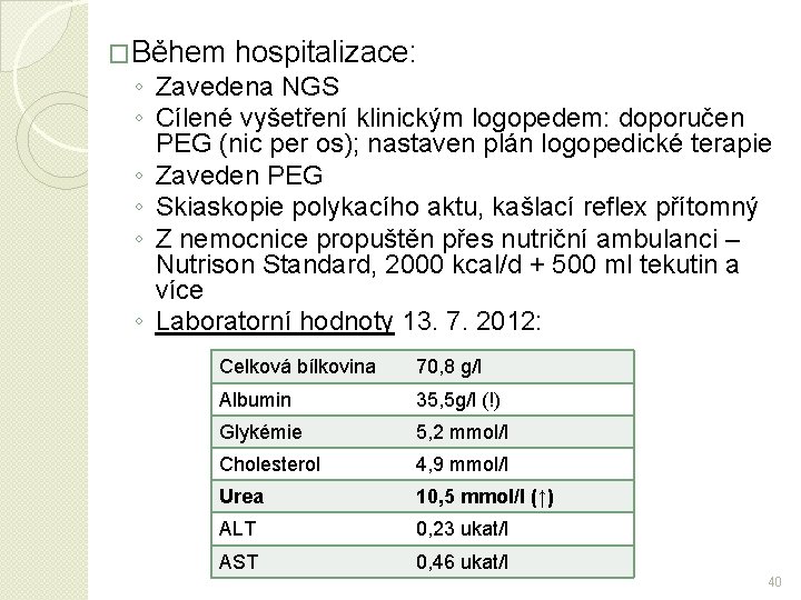 �Během hospitalizace: ◦ Zavedena NGS ◦ Cílené vyšetření klinickým logopedem: doporučen PEG (nic per
