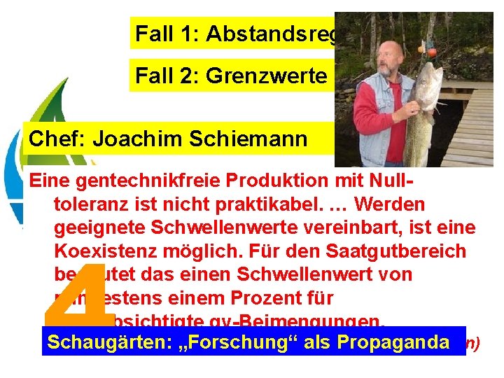 Fall 1: Abstandsregelungen Fall 2: Grenzwerte Chef: Joachim Schiemann Eine gentechnikfreie Produktion mit Nulltoleranz