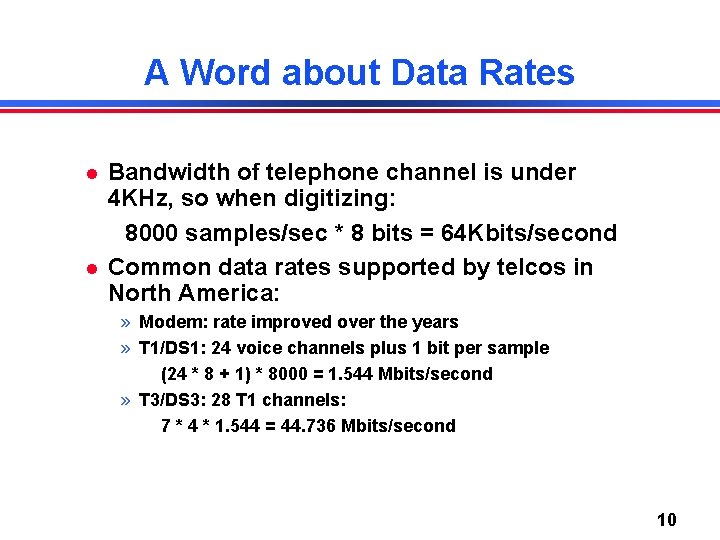 A Word about Data Rates Bandwidth of telephone channel is under 4 KHz, so