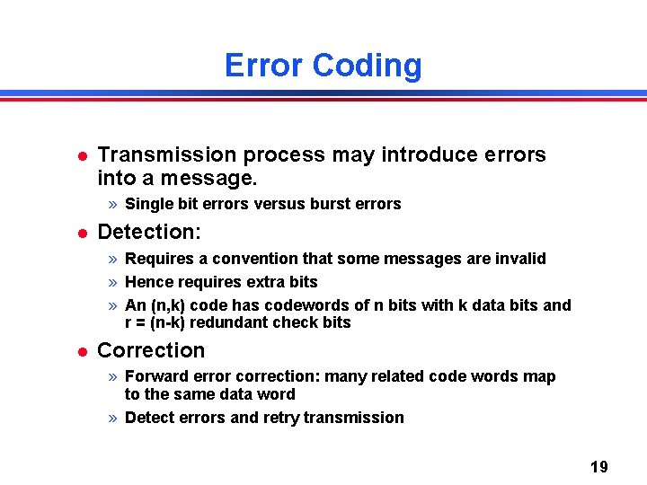 Error Coding Transmission process may introduce errors into a message. » Single bit errors
