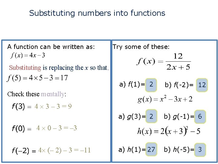 Substituting numbers into functions A function can be written as: Try some of these: