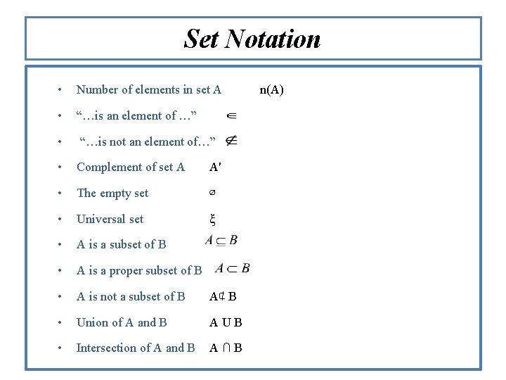 Set Notation • Number of elements in set A • “…is an element of