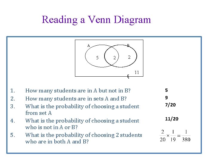 Reading a Venn Diagram A B 5 2 2 ξ 1. 2. 3. 4.