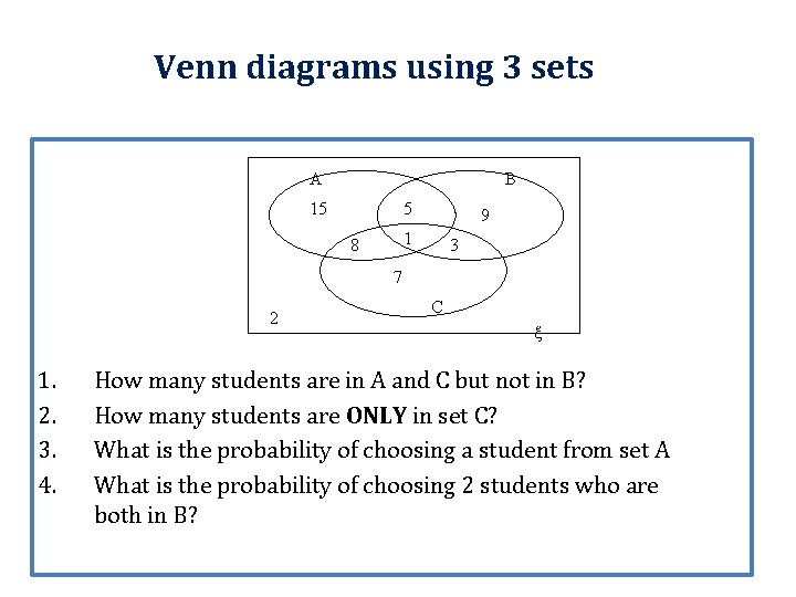 Venn diagrams using 3 sets A B 15 5 9 1 8 3 7