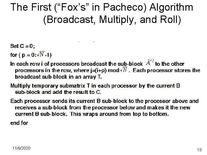 The First (“Fox’s” in Pacheco) Algorithm (Broadcast, Multiply, and Roll) 11/6/2020 13 