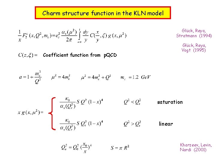 Charm structure function in the KLN model Glück, Reya, Stratmann (1994) Glück, Reya, Vogt Charm structure function in the KLN model Glück, Reya, Stratmann (1994) Glück, Reya, Vogt