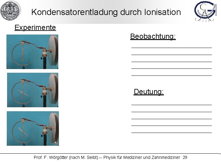 Kondensatorentladung durch Ionisation Experimente Beobachtung: Deutung: Prof. F. Wörgötter (nach M. Seibt) -- Physik