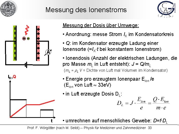 Messung des Ionenstroms Messung der Dosis über Umwege: • Anordnung: messe Strom IK im