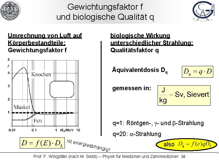 Gewichtungsfaktor f und biologische Qualität q Umrechnung von Luft auf Körperbestandteile: Gewichtungsfaktor f biologische