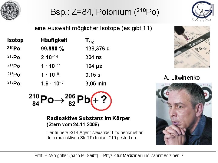 Bsp. : Z=84, Polonium (210 Po) eine Auswahl möglicher Isotope (es gibt 11) Isotop