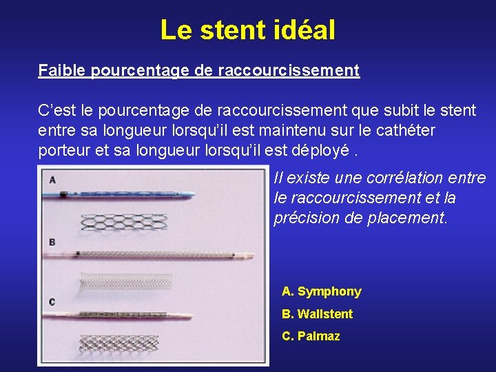 Le stent idéal Faible pourcentage de raccourcissement C’est le pourcentage de raccourcissement que subit Le stent idéal Faible pourcentage de raccourcissement C’est le pourcentage de raccourcissement que subit