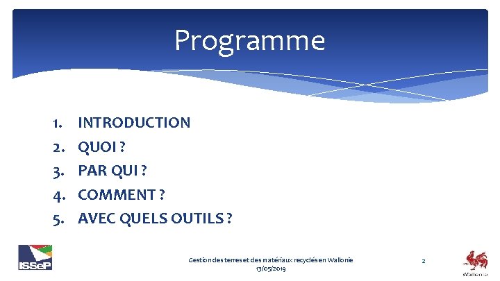 Programme 1. 2. 3. 4. 5. INTRODUCTION QUOI ? PAR QUI ? COMMENT ?