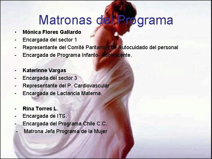 Matronas del Programa • - Mónica Flores Gallardo Encargada del sector 1 Representante del Matronas del Programa • - Mónica Flores Gallardo Encargada del sector 1 Representante del