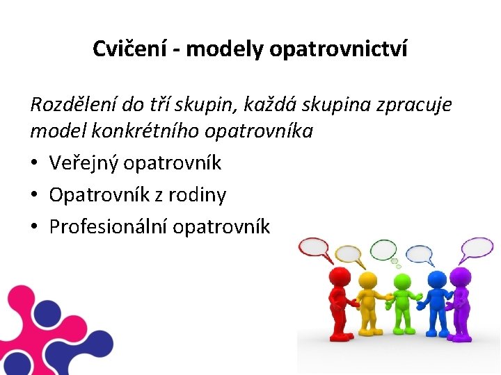 Cvičení - modely opatrovnictví Rozdělení do tří skupin, každá skupina zpracuje model konkrétního opatrovníka