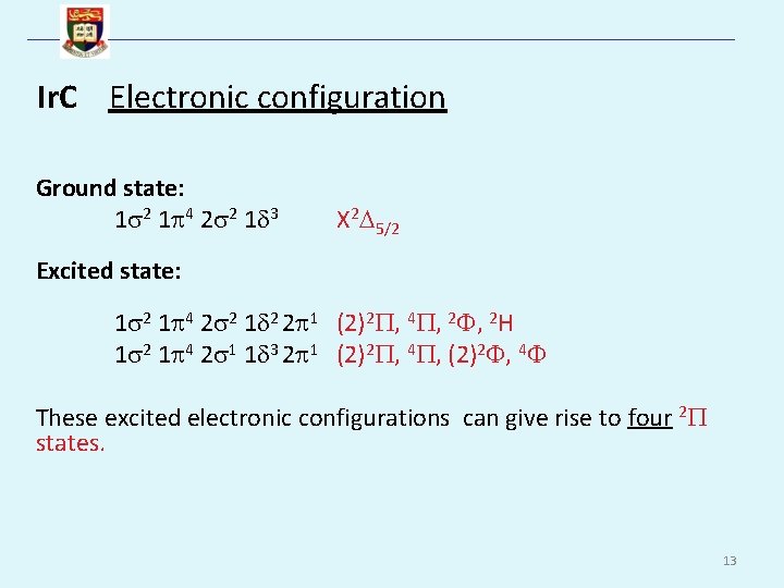 Ir. C Electronic configuration Ground state: 1 2 1 4 2 2 1 3