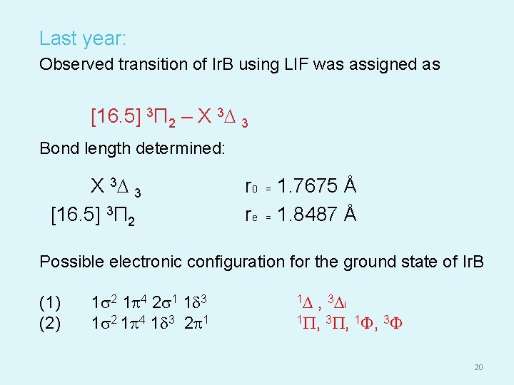 Last year: Observed transition of Ir. B using LIF was assigned as [16. 5]