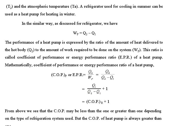  (T 2) and the atmospheric temperature (Ta). A refrigerator used for cooling in