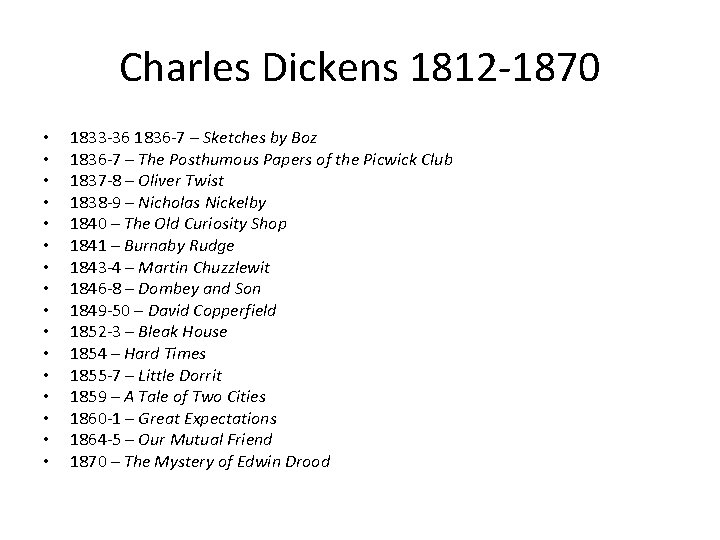 Charles Dickens 1812 -1870 • • • • 1833 -36 1836 -7 – Sketches