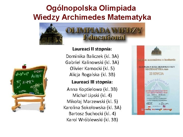 Ogólnopolska Olimpiada Wiedzy Archimedes Matematyka Laureaci II stopnia: Dominika Baliczek (kl. 3 A) Gabriel