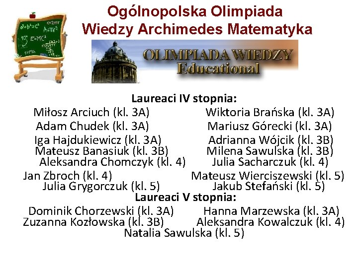 Ogólnopolska Olimpiada Wiedzy Archimedes Matematyka Laureaci IV stopnia: Miłosz Arciuch (kl. 3 A) Wiktoria